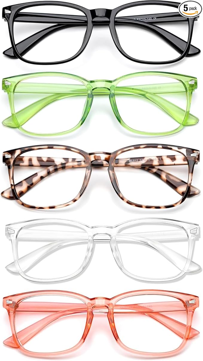 Blue Light Glasses for Woman Men | 99% Blue Light Blocking Glasses for Computer Gaming TV Phone Screen Square Frame | Anti Eyestrain & UV Glare Protection - 5 Pair