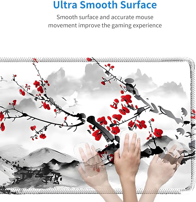 Japanese Sakura Mouse Pad 31.5x11.8 Inch Watercolor Cherry Blossom Floral White Desk mat Large Non-Slip Rubber Base Waterproof with Stitched Edges for Gaming and Office(Red Moon)
