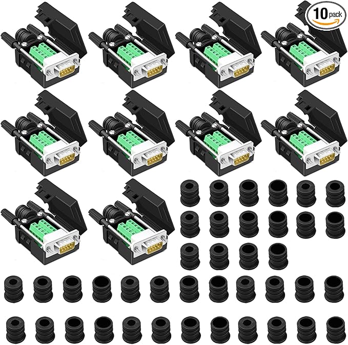 10PCS DB9 Male Breakout Connector,DB9 Solderless RS232 D-SUB Serial to 9-pin Port Terminal Adapter Connector Breakout Board with Case Long Bolts Tail Pipe