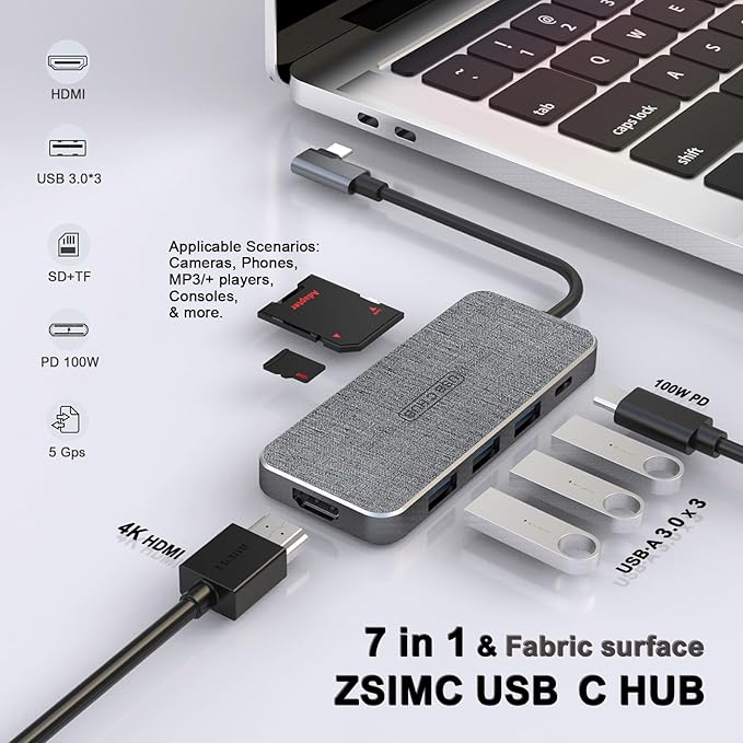 USB C Hub, ZSIMC 7-in-1 Docking Station Multiport Adapter with 4K HDMI, 100W Power Delivery, 3 USB 3.0 Ports, SD/TF Card Reader for MacBook Pro/Air, iPad Pro/Mini 6, Surface and More Type C Laptops