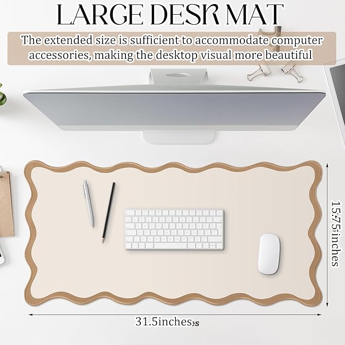 Scalloped Desk Mat Large Scalloped Piping Cute Desk Mat Aesthetic Preppy Table Pad Large Nonslip Pad with Edge Stitching Waterproof Gaming(Beige,31.5 x 15.75 Inches)