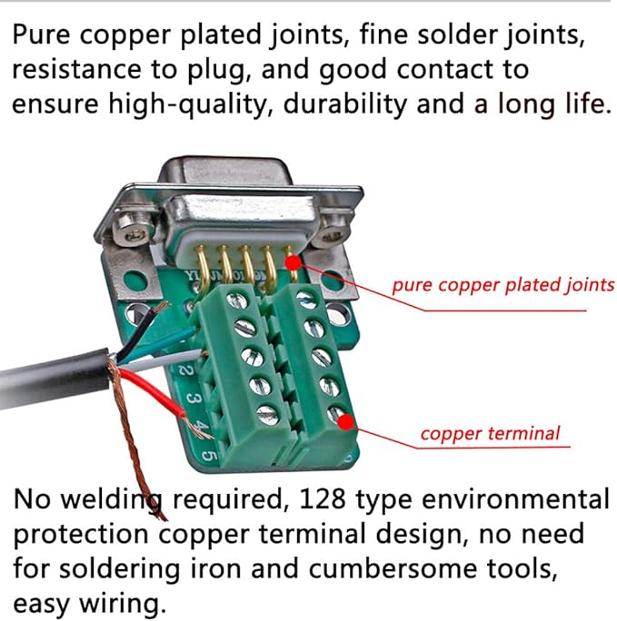 10PCS DB9 Breakout Connector, 5PCS Male + 5PCS Female DB9 Solderless RS232 D-SUB Serial to 9-pin Port Terminal Adapter Connector Breakout Board with Case Long Bolts Tail Pipe
