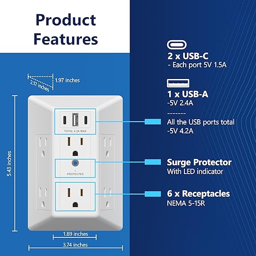 LIDER 6 Outlet Surge Protector Extender with 20W 4.2A 3 USB Type A/C Chargers, 1500 Joules, Multi Plug Wall Charger for Home Office, UL-Listed, White, 2 Pack