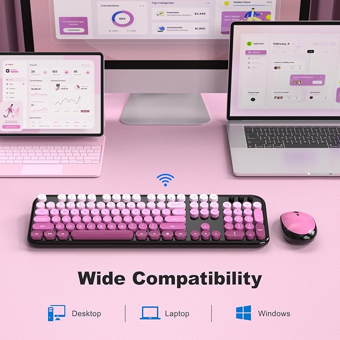Wireless Keyboard Mouse Combo - Lovely Blackpink-Gradient Rainbow Full-Sized Typewriter Colorful Keyboards, Round Keycap Plug Play Retro Cute Keyboards for Windows, Laptop, PC, Desktop, Computer