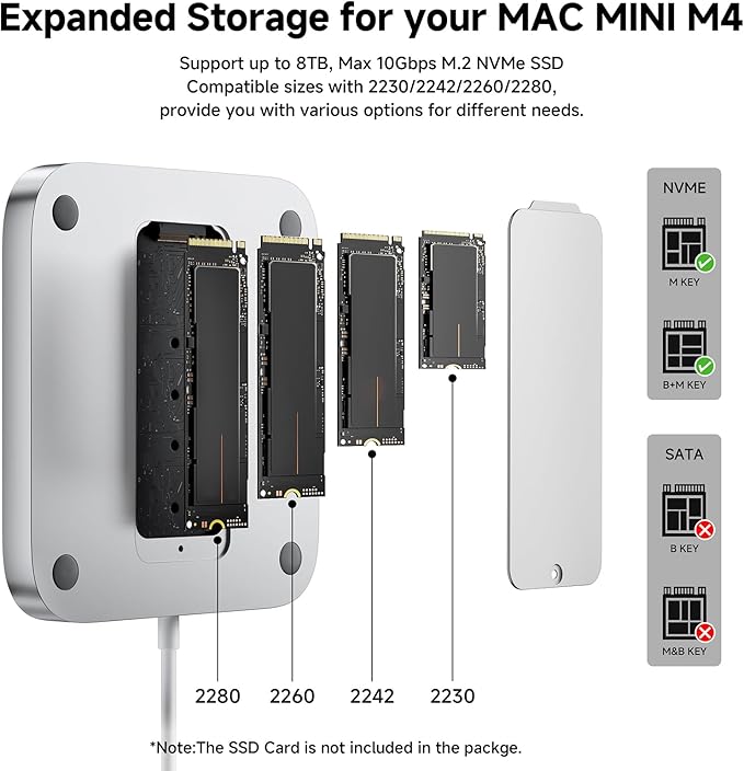 Minisopuru MINI218B PRO Mac mini M4 Dock with 8TB M.2 NVMe SSD Enclosure,10Gbps USB C/A Mac mini M4 Accessories, 8 in 1 All Aluminum Vertical Stand USB C Hub for Mac mini M4/M4 Pro 2024