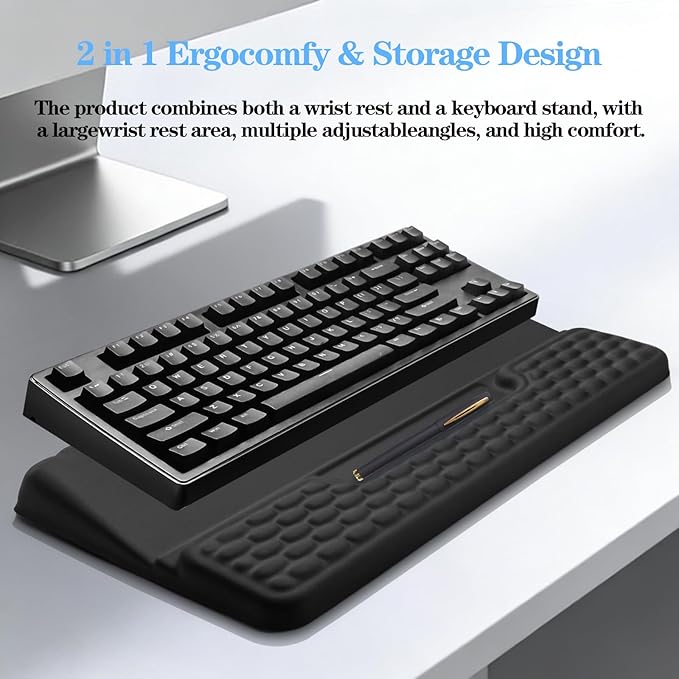 Keyboard Stand with Wrist Rest, Computer Wrist Support Pad, Ergonomic Comfy Tilted Keyboard Holder Lift Tray with Wrist Pad, Soft Memory Foam Desk Cushion for Office Home (Black)