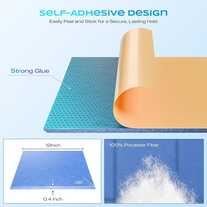 12 Pack Self-Adhesive Acoustic Panels, 12" X 12" X 0.4" High-Density Sound Proof Foam Panels for Walls, Soundproof Wall Panels for Home & Office (Light Blue)