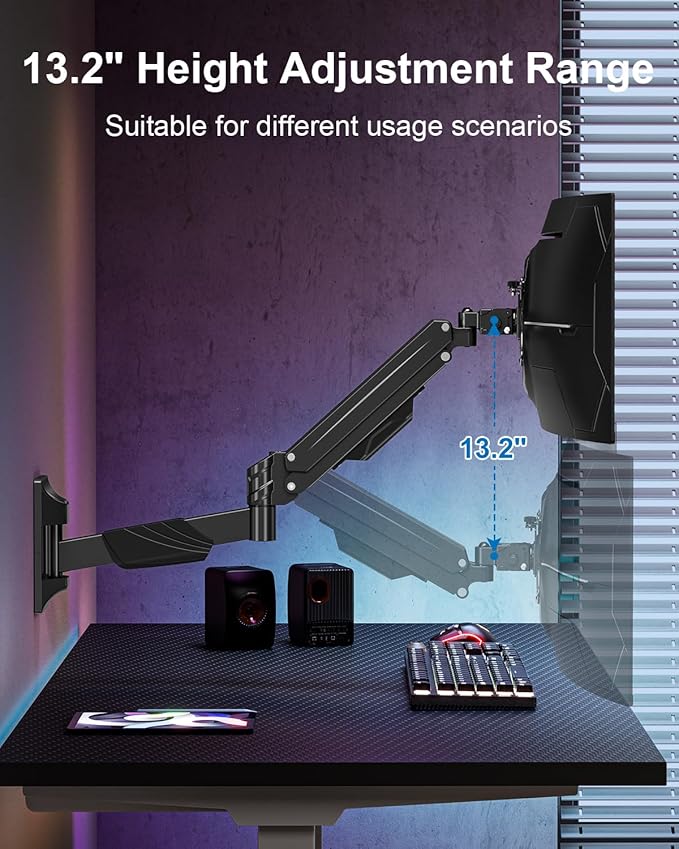 Monitor Wall Mount for Max 43", Premium Single Wall Monitor Mount Holds up to 33.1lbs Ultrawide Computer Screen, Height Adjustable Full Motion Gas Spring Vesa Wall Mount, Max 200x200mm