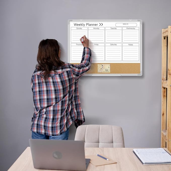 Lincia 24 x 18 Inches White Board Weekly Calendar Dry Erase 2-in-1 Whiteboard Cork Board Combo Weekly Planner Whiteboard Wall Magnetic for Wall Aluminum Frame Calendar Home Office Project