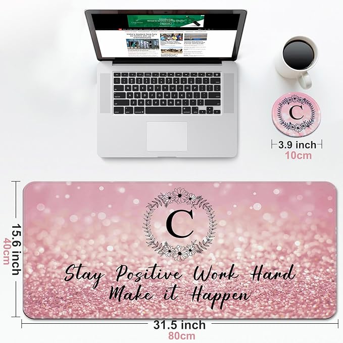 Pink Large Gaming Mouse Pad with Coaster, Desk Mat, Mouse Pad for Computer Keyboard Laptop Office Decor, Stitched Edges Extended Mousepad, 31.5'' x15.6''-Letter C