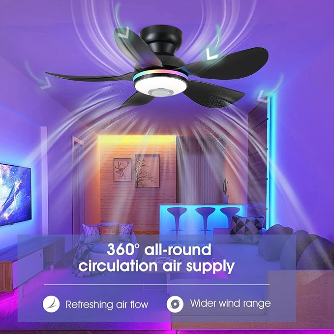 36" Ceiling Fans with RGB Lights Remote/APP Control,Low Profile Ceiling Fan,3 CCT Dimmable White Lights+RGB Ring Lights+Music Player,5 Reversible Plastic Blades 6 Speeds for Kidsroom,Black