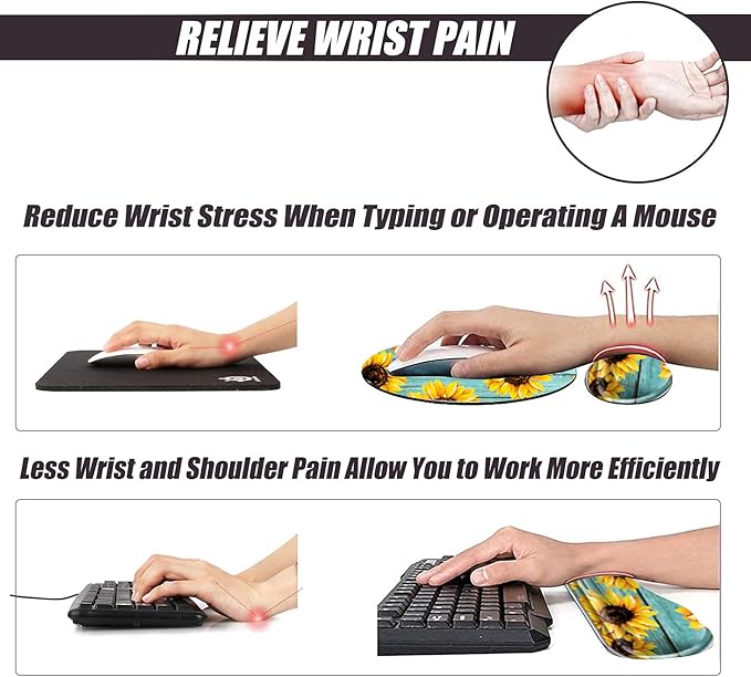 Sunflower Mouse Pad and Keyboard Wrist Rest Ergonomic Wrist pad for Keyboard and Mouse Mat Set 4 in 1 Mousepad with Wrist Support Memory Foam Computer Mat