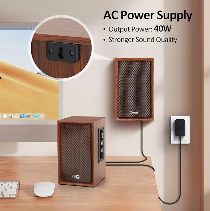 【2026 Upgraded】 Passive Bookshelf Speakers – 40W Hi-Fi Computer Speakers with Powerful Bass, Bluetooth/USB/RCA/AUX Inputs – 2.0 Wooden PC/TV Speakers for Laptop, Turntable