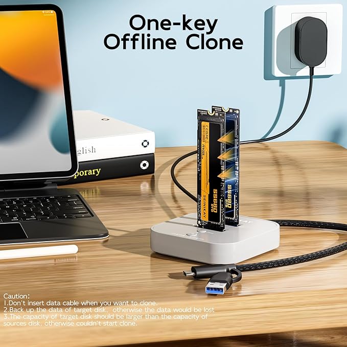 Dual Bay NVMe Enclosure – 90GBpm NVME Cloner Duplicator with C to C-A Cable, Offline Clone, Tool-Free Design M.2 Docking Station, Progress LED & Fast Heat Dissipation