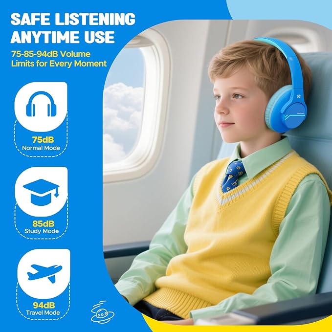 Steellumen Nova1Lite Kids Wireless Active Noise Cancelling Headphones, Bluetooth 5.3, Safe Volume 74/85/94dB, Real 40H Battery, Type-C Fast Charging, boy Girl Built-in Mic for School Travel Airplane