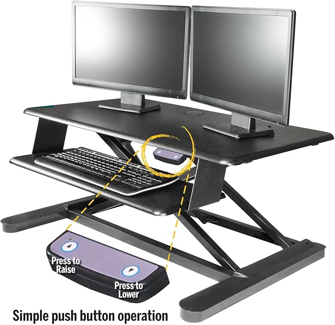 Kantek Standing Desk Converter, Electric Lift, Adjustable From, 6"-23", Large Platform Fits Dual Monitors, Sit to Stand Home Office Workstation, Grommet Hole