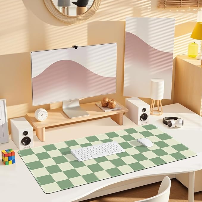 Desk Mat for Keyboard and Mouse, Large Mouse Pad Non-Slip Keyboard Pad, Computer Mats for Desktop, Cute Check Desk Pad with Stitched Edges for Office, Gaming I Sage Green Grid