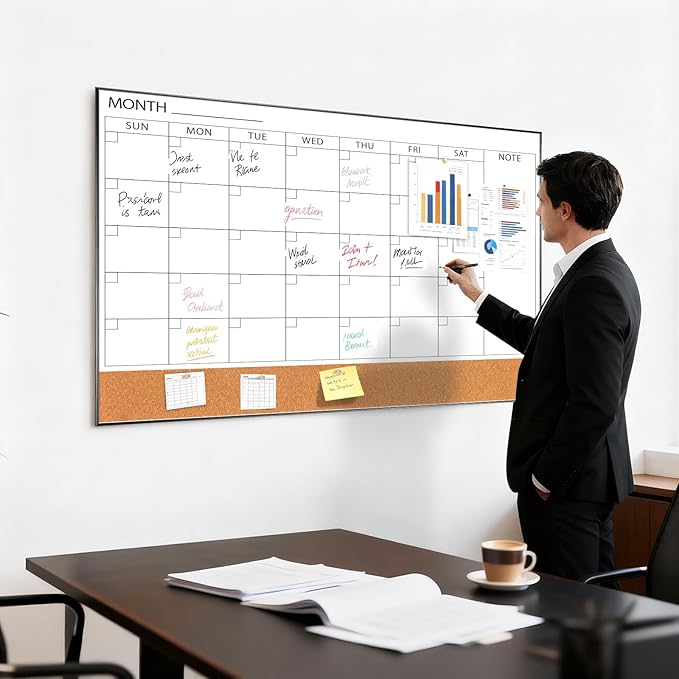 ARCOBIS Large Dry Erase Calendar with Cork for Wall, 48"x 30" Magnetic Calendar Whiteboard with Black Frame, Monthly Combination Board for School, Home, Office