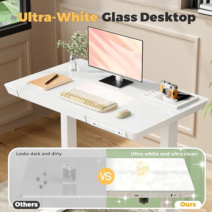 Glass Small Standing Desk with Drawer, 31.5" x 20" Whole Piece Electric Sit Stand Table, Height Adjustable Desk with Storage & USB Ports, Quick Install Home Office Computer Desk, White