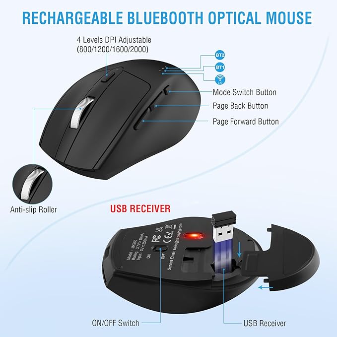 Ergonomic Wireless Keyboard Mouse Combo, EDJO Bluetooth/2.4G Dual Channel, Split Design, Soft Foam Palm Rest, 4 Level DPI Adjustable Wireless Mouse, Rechargeable, for Windows/Mac/Android（Black）