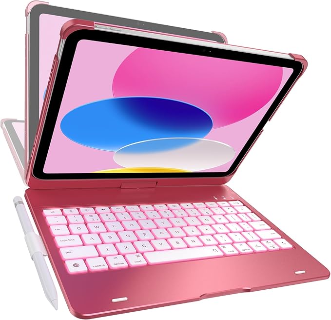 typecase Flexbook Keyboard Case for iPad 11th (A16, 2025) and iPad 10th Gen (10.9", 2022) – No Trackpad, 11-Color Backlight, 360° Rotatable, 7 Use Modes, Thin & Lightweight – Pink