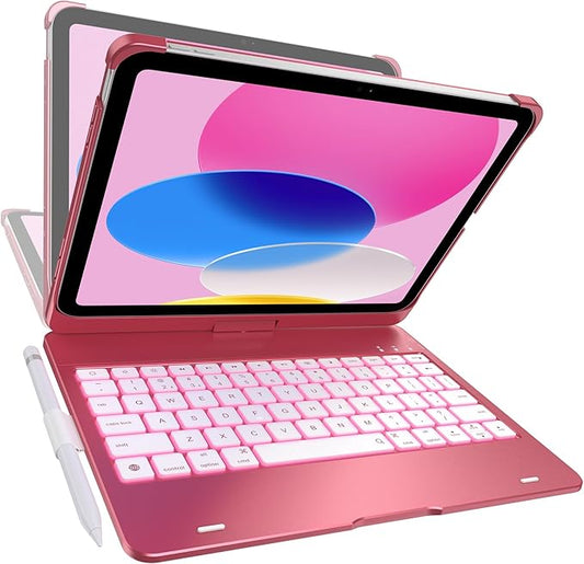 typecase Flexbook Keyboard Case for iPad 11th (A16, 2025) and iPad 10th Gen (10.9", 2022) – No Trackpad, 11-Color Backlight, 360° Rotatable, 7 Use Modes, Thin & Lightweight – Pink