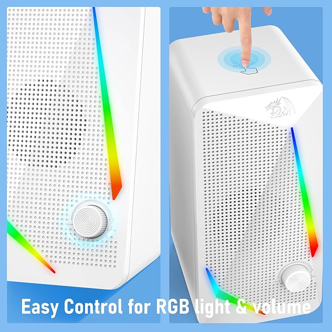 Redragon GS510 RGB Desktop Speakers, 2.0 Channel PC Computer Speaker with 4 Colorful LED Backlight Modes, Enhanced Bass and Easy-Access Volume Control, USB Powered w/ 3.5mm Cable, White