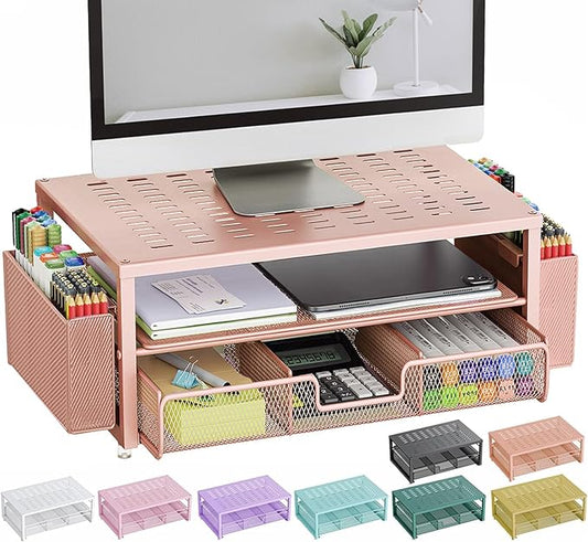 gianotter Desk Organizers and Accessories, Monitor Stand with Drawer and 2 Pen Holder, Desktop Organizer Suitable for Offices and Dormitories (Rose Gold)
