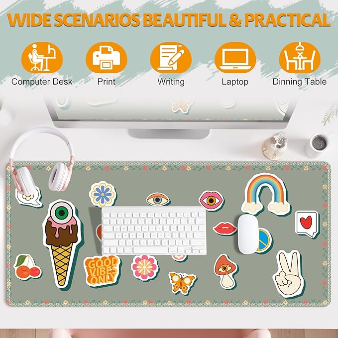 Desk Pad for Keyboard and Mouse, Large Mouse Pad for Desk, Non-Slip Keyboard Mat, Computer Mats for Desk, Cute Desk Pad with Stitched Edges for Office, Gaming I Fashion Funny Icons