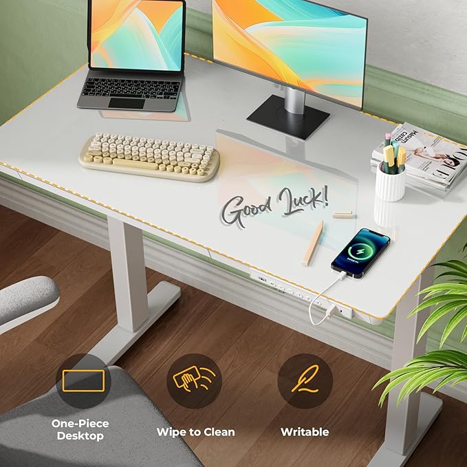 Glass Small Standing Desk with Drawer, 35" x 20" Whole Piece Electric Sit Stand Table, Height Adjustable Desk with Storage & USB Ports, Quick Install Home Office Computer Desk, White