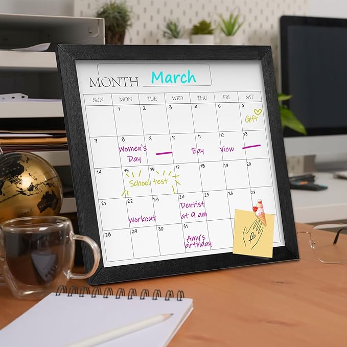 Umtiit Monthly Calendar Dry Erase Whiteboard 11.8 x 11.8 inch(30 x 30 cm), Black Wood Frame, Magnetic Surface Whiteboard for Planning/Schedule/School Timetable/Memo(YLBB-3030BK,US)