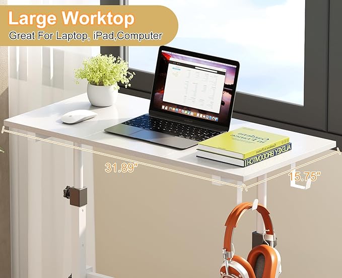 Small Adjustable Height Standing Desk With 2 Hooks, Rolling Sit Stand Up Desk With Wheels, Adjustable Mobile Portable Table For Walking Pad Laptop Treadmill Computer, 4 Height Levels, 2 Hooks