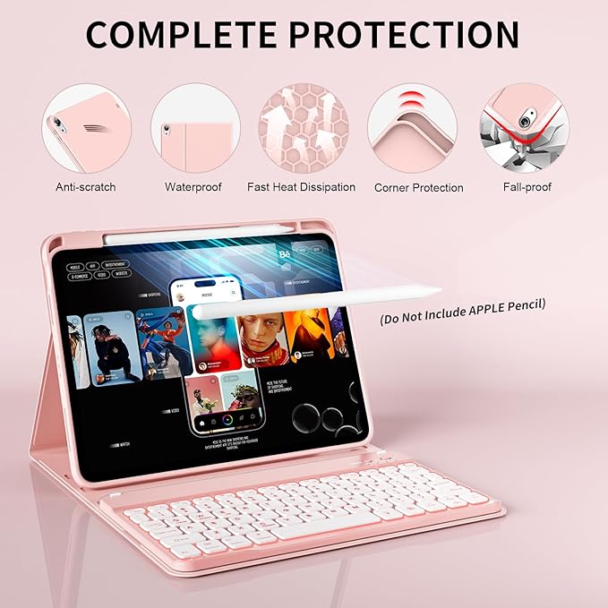 for iPad (A16) 11th Generation 2025 11-inch/10th Generation 2022 10.9 inch with Keyboard, 7 Colors Backlit Square Keycaps, Detachable Wireless Bluetooth Keyboard Case with Pencil Holder,LightPink