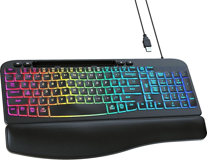 VEILZOR Wired Ergonomic Keyboard, 7-Color Backlit USB Computer Keyboard with Wrist Rest, Wave Keys, Phone Holder, Lighted Keyboard Compatible with PC, Laptop, Windows, and Mac