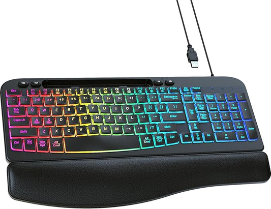 VEILZOR Wired Ergonomic Keyboard, 7-Color Backlit USB Computer Keyboard with Wrist Rest, Wave Keys, Phone Holder, Lighted Keyboard Compatible with PC, Laptop, Windows, and Mac