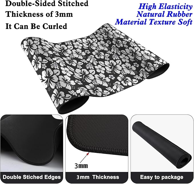Black and White Flowers Desk Pad Mouse Pad,Large XL Floral Mouse Mat with Stitched Edges for Gift,Non-Slip Rubber Base Mousepad for Office PC Keyboard Laptop and Home Work Desk Mat(31.5X11.8 in)