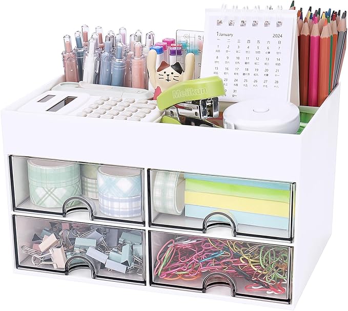Desk Organizer, Office Organizer with Drawer, Desk Accessories & Workspace Organizers, Pen Holder Office Supplies for Desk (4 Drawers+4 Compartments, White)