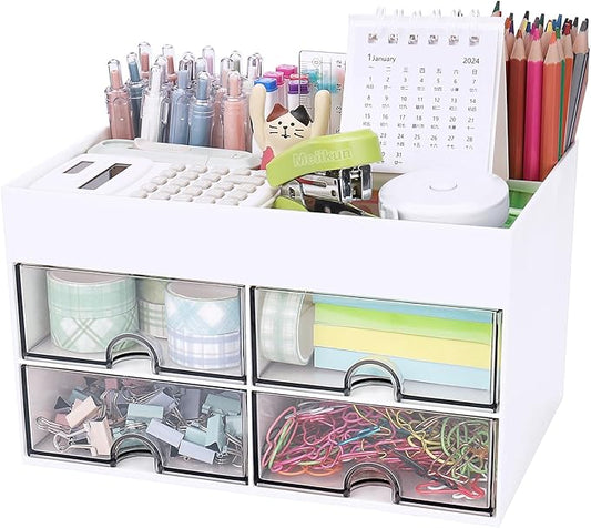 Desk Organizer, Office Organizer with Drawer, Desk Accessories & Workspace Organizers, Pen Holder Office Supplies for Desk (4 Drawers+4 Compartments, White)