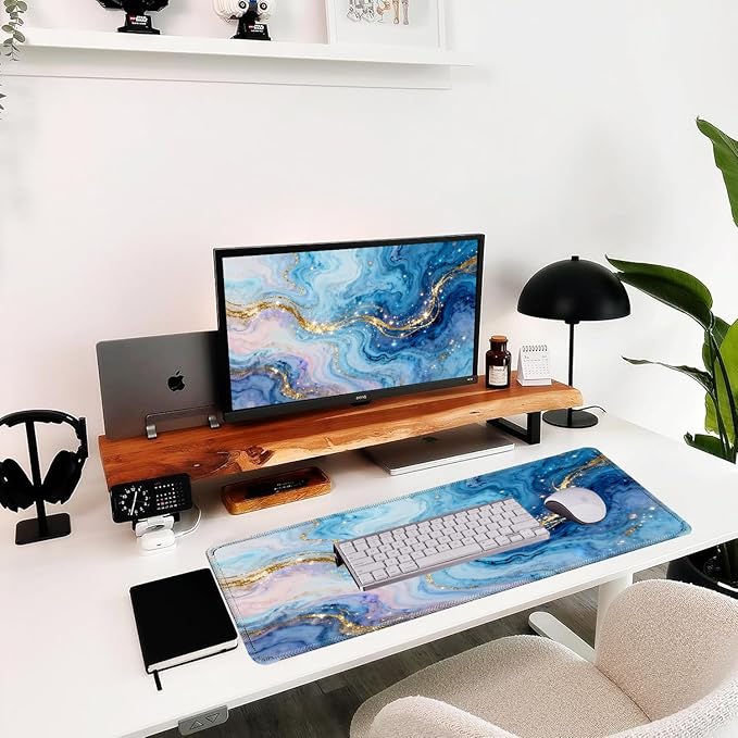 Blue Marble Mouse pad, Large Gold Micro-Woven Fabric Desk mat, with Sewn Edges, Anti-Slip Rubber Base, Suitable for Office Gaming laptops (31.5×11.8 inches)