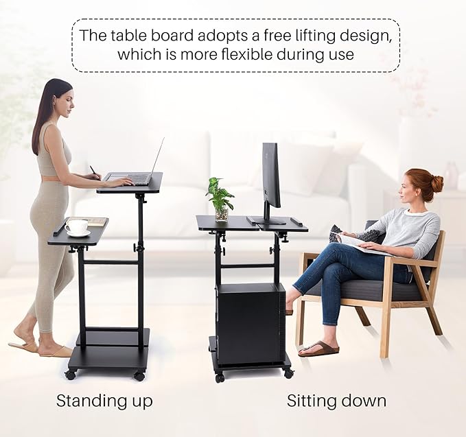 Mobile Laptop Stand Desk, Standing or Sitting Rolling Computer Cart with Tower Stand, Adjustable Height 27.5" to 47.2" Portable Laptop Table Home Office Computer Workstation, Locking Wheels