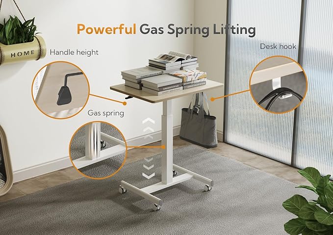 Claiks Mobile Standing Desk, Small Rolling Standing Desk with Wheels, Pneumatic Mobile Desks Workstation with Hook, Natural