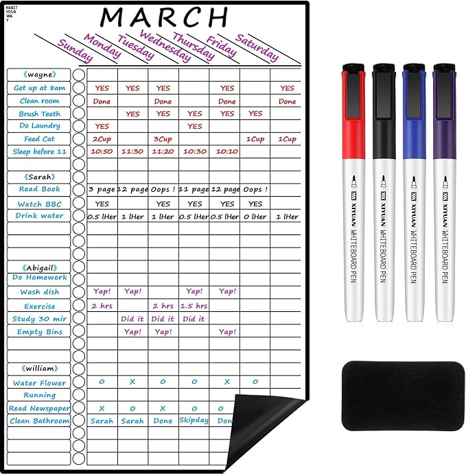 Multi-Use Magnetic to Do List White Board Chore Chart List for Refrigerator 17.3x11'' Goal Task Habit Tracker Monthly Weekly Homework Child Calendar Family Grocery Fridge Dry Erase Board