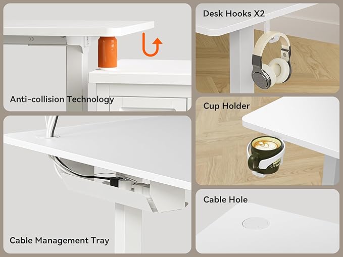 63X55 Inches Reversible L Shaped Standing Desk Height Adjustable with Cup Holder, Electric Corner Computer Desk, Sit Stand up Home Office Desk, Ergonomic Gaming Desk, White
