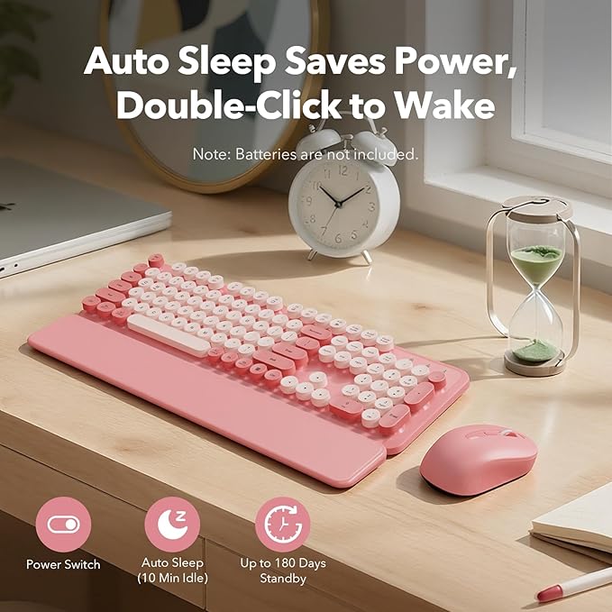 Wireless Keyboard and Mouse Combo with Detachable Magnetic Wrist Rest, Retro Typewriter-Style Keyboard, Round Keycaps, Adjustable Legs, 3-Level DPI Mouse, 2.4GHz for Windows PC/Laptop (Blush Pink)