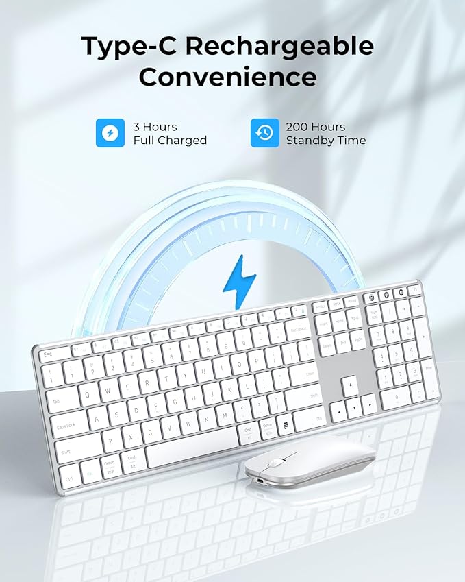 seenda Wireless Bluetooth Keyboard and Mouse Combo, SKM64-3 Rechargeable Slim Quiet Keyboard Mouse, 3 Multi-Device Connection, Compatible for Windows, Mac, MacBook, iPad, Tablet, White Silver