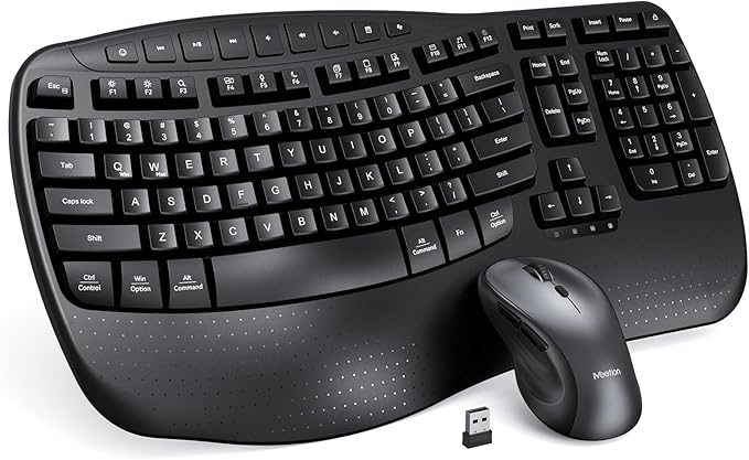 MEETION Ergonomic Keyboard and Mouse, Wave Keys Natural Typing, 2.4G USB Receiver Wireless Keyboard with Wrist Rest, 4 Adjustable DPI Optical Mouse, Computer/Laptop/Windows/Mac, Black