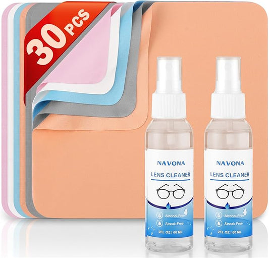 Navona 30 Pack Microfiber Glasses Cleaning Cloths with 2 Lens Cleaner Sprays, Premium Eyeglass Cleaning Cloths for Glasses, Sunglasses, Camera Lens & Screens – Streak-Free, Safe for Electronics