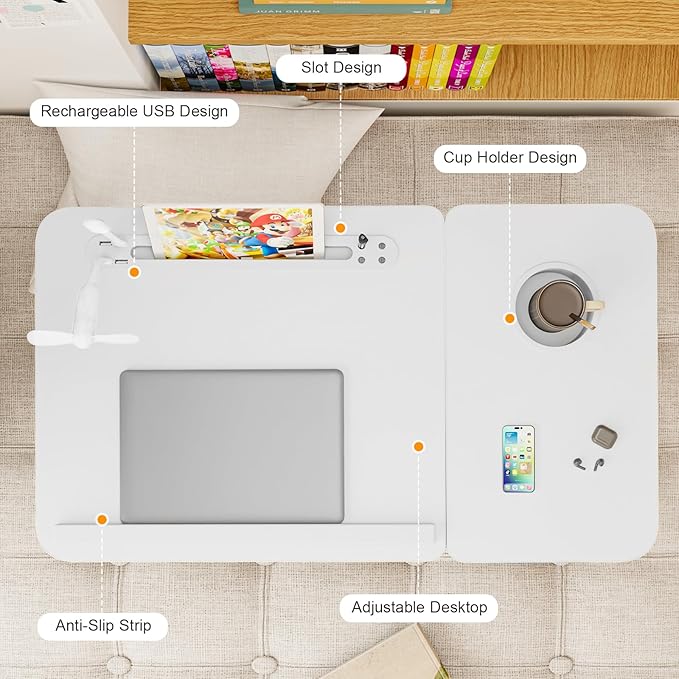 Laptop Desk for Bed, Adjustable Laptop Stand with 5 Different Angles, Portable Lap Tray Table with USB Charge Port and Cup Holder, Laptop Bed Desk Tray for Eating Working Writing (White)