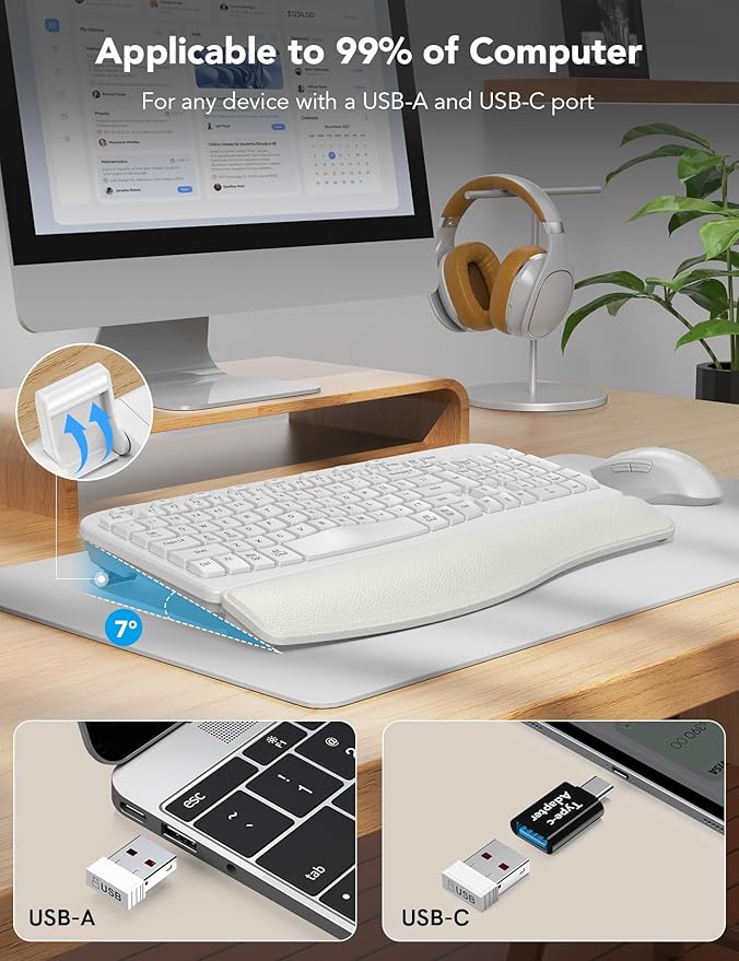 SABLUTE Wireless Keyboard and Mouse Combo, Ergonomic Wave Keys, Cushioned Plam Rest, Comfortable Silent Natural Typing, 2.4G Lag-Free, MA12 Full Size Keyboards Set for Multi-OS, Windows/Mac, White