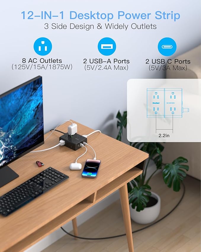 6Ft Extension Cord with Multiple Outlets, Flat Plug Surge Protector Power Strip 6 Ft Long Cord, 8 Outlets & 4 USB Ports (2 USB C), Desk Charging Station for Home Office, College Dorm Room Essentials